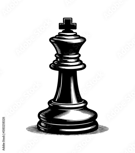 Black Chess King Piece Engraved Illustration on White Background, Chess Game Concept