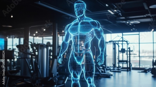 Blueprint for strength: a digital human form in a modern fitness center, illuminating the potential of physical excellence.