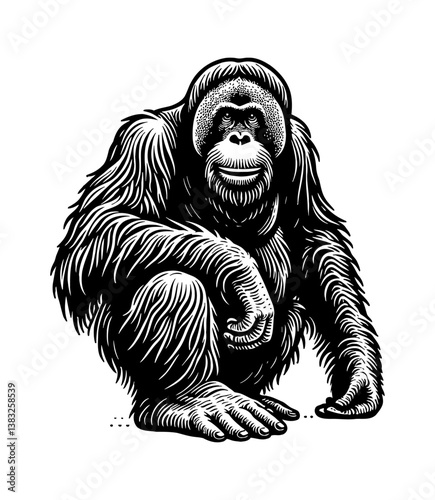 Orangutan Sitting and Smiling in Detailed Black and White Line Art Engraving Style