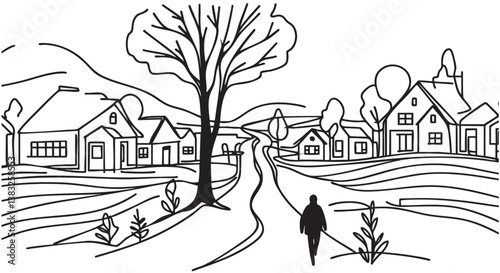 Man black silhouette walking on village road, sketch, doodles landscape