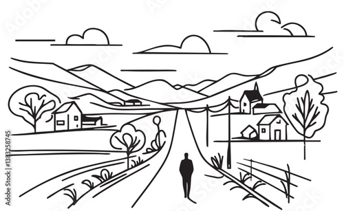 Man black silhouette walking on village road, sketch, doodles landscape