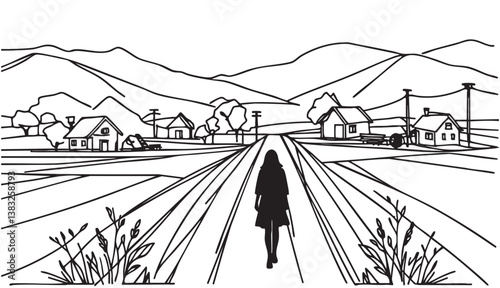 Woman black silhouette walking on village road, sketch, doodles