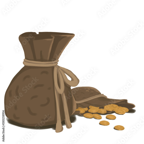 A brown sack filled with gold coins spilling out