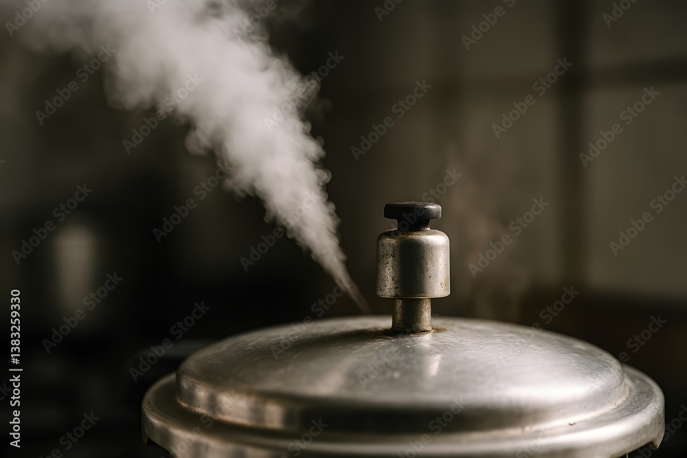 Obraz premium A steaming pot with a silver lid releasing vapor.