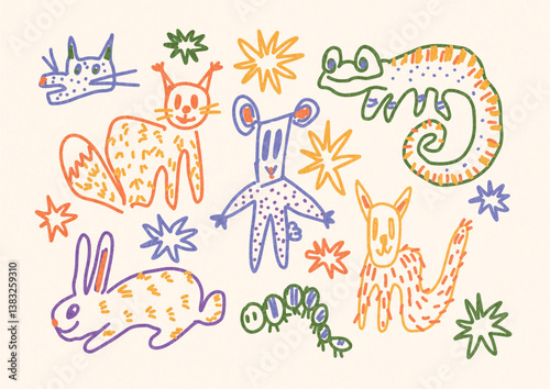 Set of Cute Funny Animals including Cat Dog Mouse Rabbit Squirrel Chameleon Caterpillar drawn by Child. Colorful Stars Doodles. Flat Hand Drawn Vector Illustration Isolated on White Background