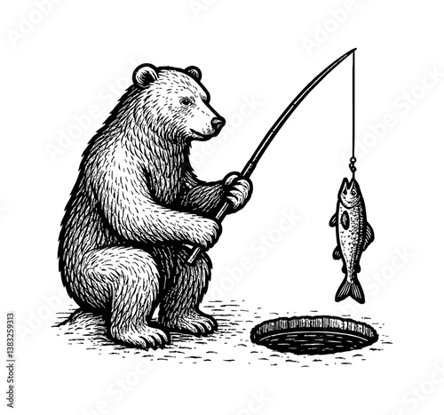 A Bear is Fishing, Black and white detailed outline line art drawing, engraving style