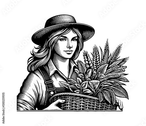 Woman holding a basket with wheat and leaves with a hat in detailed black and white drawing