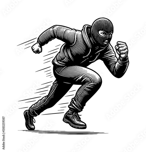 Running man in hoodie and mask with speed lines, full length engraving in black and white