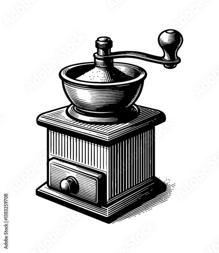 Detailed Engraved Illustration of a Vintage Manual Coffee Grinder, Kitchen Tool