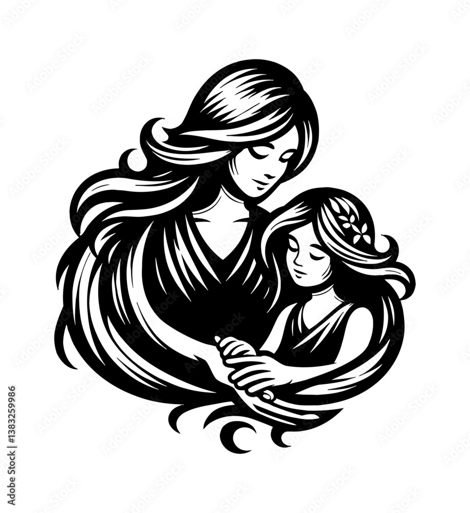 Mother and Daughter Holding Hands Vector Illustration with Love and Tenderness in Black and White Mother and Daughter Holding Hands Vector Illustration with Love and Tenderness in Black and White