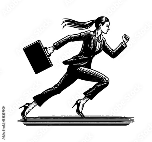 Businesswoman Running Urgently with Briefcase in Engraved Detailed Black and White Illustration