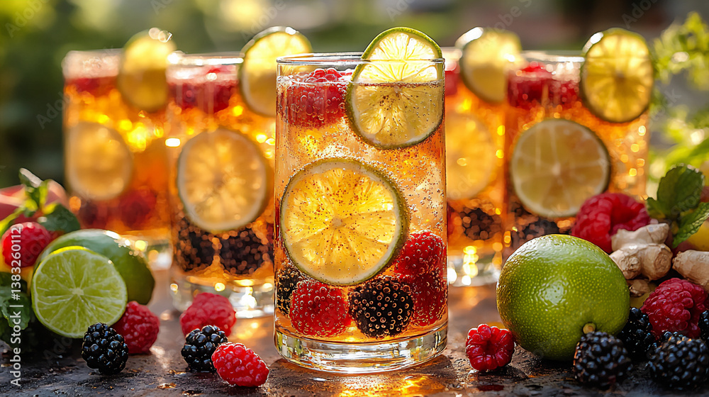 p: a colorful array of fruit and spice spritzers in wine glasses, featuring ingredients like ginger p: a colorful array of fruit and spice spritzers in wine glasses, featuring ingredients like ginger
