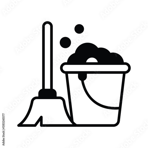 A well crafted glyph icon showing cleaning bucket with mop