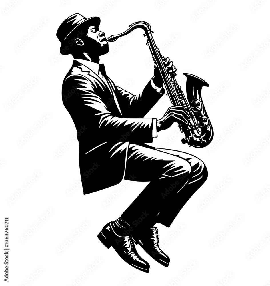 Naklejka premium Man in Suit and Hat Playing Saxophone in Black and White Vector Silhouette Style Art
