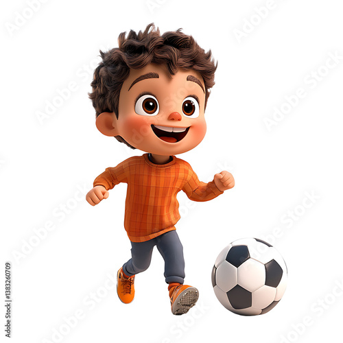A cheerful young boy is depicted in a playful pose, seemingly about to kick a soccer ball. His lively expression adds to the scene's energy.