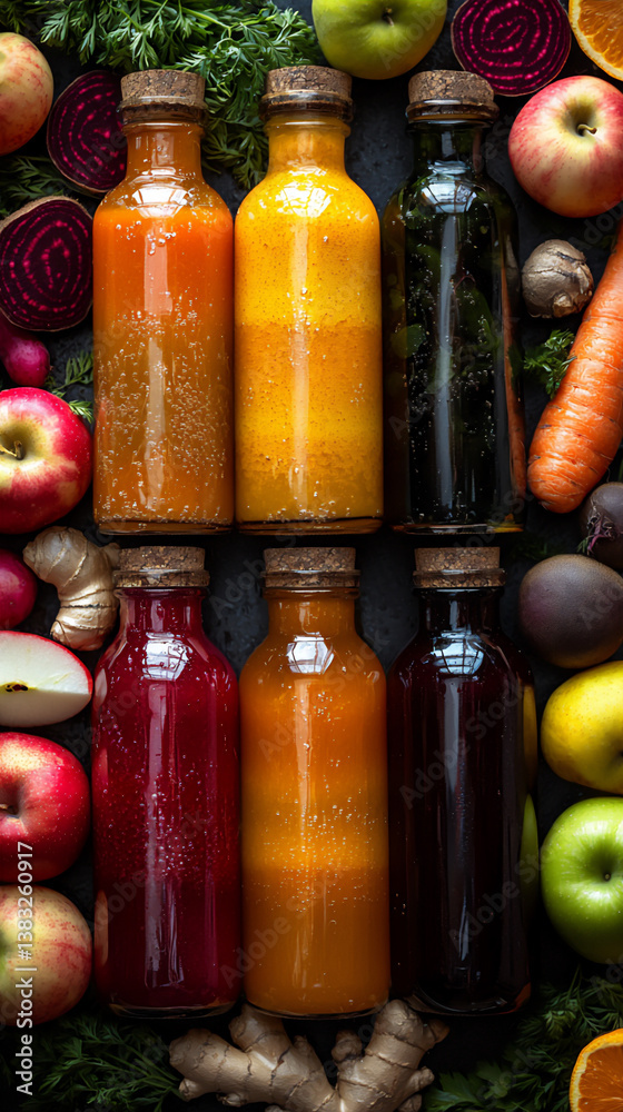 p: a colorful array of fruit and vegetable juices in glass bottles p: a colorful array of fruit and vegetable juices in glass bottles