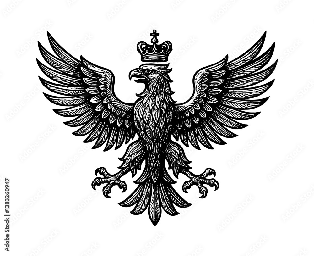 Obraz premium Detailed Black and White Engraving of Crowned Eagle with Spread Wings on White Background