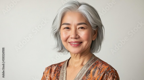 Portrait of smiling asian mature female with gray hair and patterned attire
