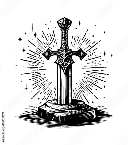 Engraved Sword on Stone Pedestal with Light Rays Background, Detailed Line Art