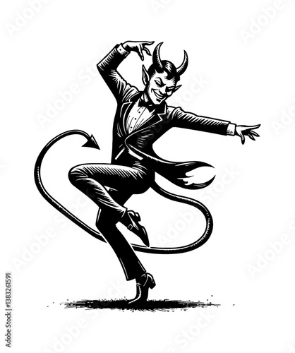 A joyful devil dancing in a suit, black and white vector illustration style