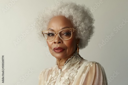 Elegant mature african female with curly gray hair and glasses in vintage attire