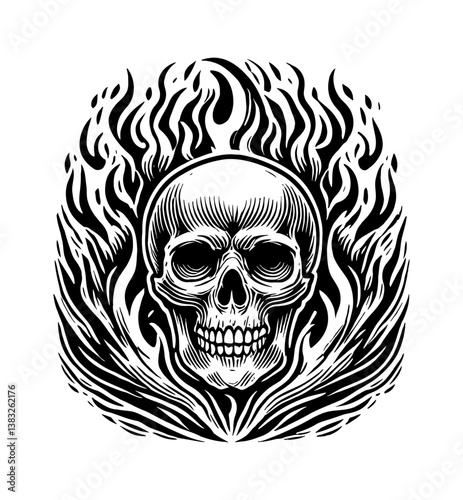 Skull Surrounded by Flames, Black and White Engraving of Danger and Mortality Symbolism, Monochrome Art