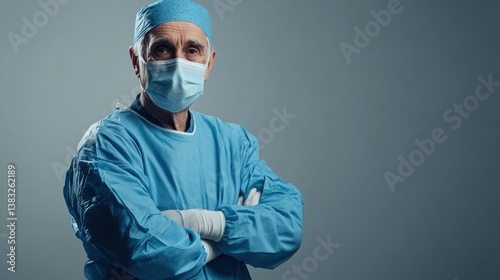 Mature caucasian male doctor in surgical scrubs with mask