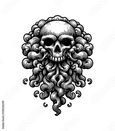 Skull with Wavy Hair and Beard in Black and White Detailed Engraving Style Illustration Art