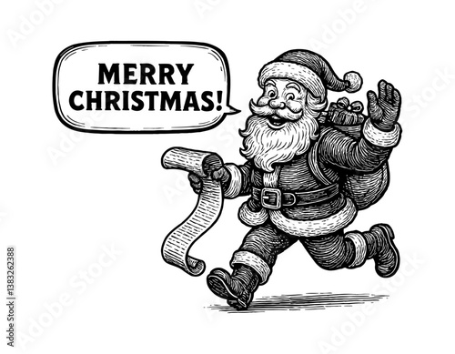 Santa Claus Running with Gift Bag, Holding Wishlist and Saying Merry Christmas in Engrave Style