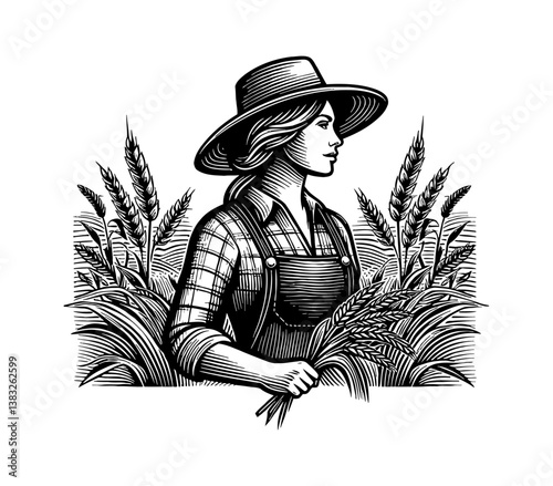 Woman Farmer in Overalls Holding Wheat Looking Away in Vintage Black and White Engraving Style