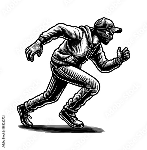A robber wearing hoodie and mask is running in engraving detailed black and white style