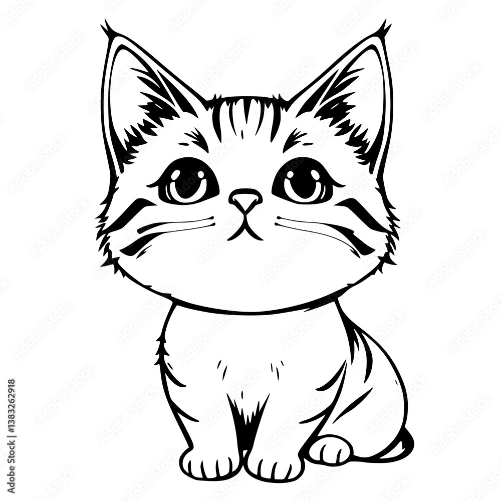 Obraz premium Kitten cartoon black and white illustration with large eyes and cute facial expression sitting down. featuring cat, animal, feline