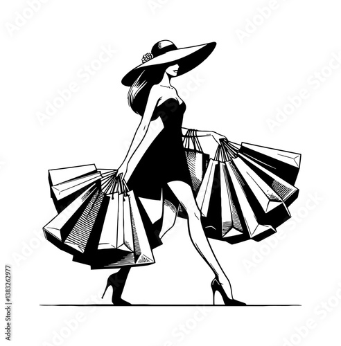 Elegant Woman Walking with Shopping Bags in Black Dress and Hat in Illustration Style