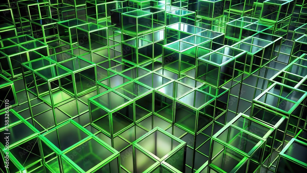 Fototapeta premium A mesmerizing abstract background featuring an intricate arrangement of glowing green cubes, creating a dynamic interplay of light and shadow.