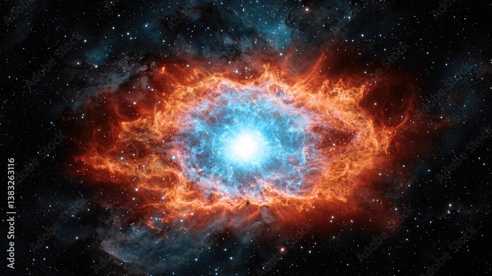 Naklejka premium A vibrant cosmic nebula radiates fiery orange and blue hues against a starry backdrop, depicting the beauty of the universe.