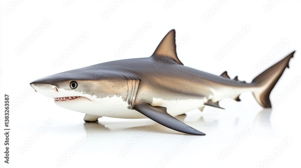 Striking Studio Shot of a Great White Shark Model on White Backdrop Capturing Marine Predator with Sharp Teeth and Powerful Fins in Detailed Close Up Striking Studio Shot of a Great White Shark Model on White Backdrop Capturing Marine Predator with Sharp Teeth and Powerful Fins in Detailed Close Up