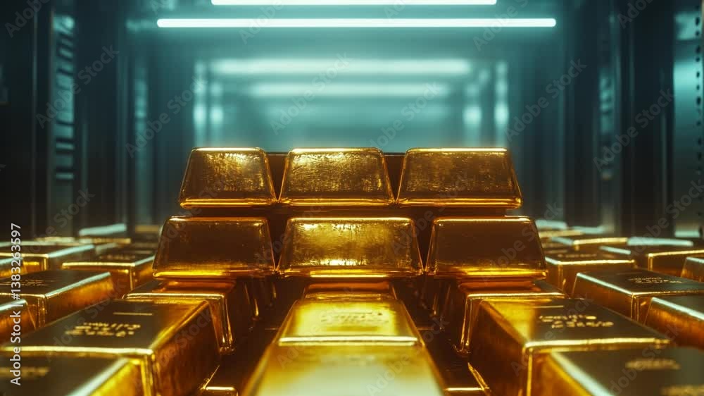 Lingotes de oro en bóveda de alta seguridad con cámara en movimiento cinematográfico