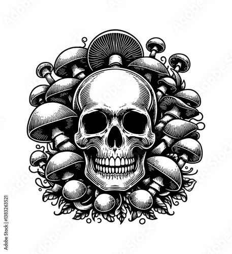 Skull surrounded by mushrooms with detailed line art drawing in black and white illustration