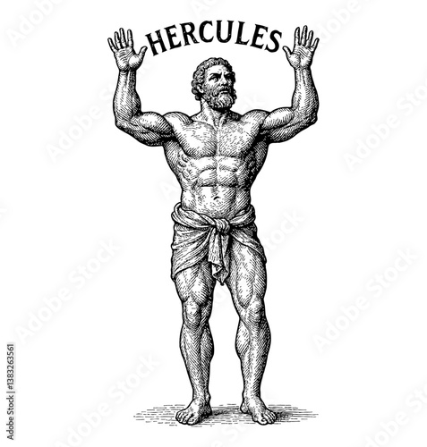 Hercules Lifting the Word Hercules Above Him in Detailed Black and White Engraving