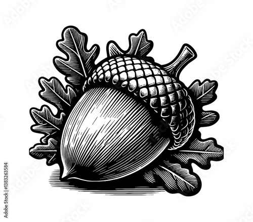 Detailed Black and White Engraving Style Illustration of an Acorn with Oak Leaves