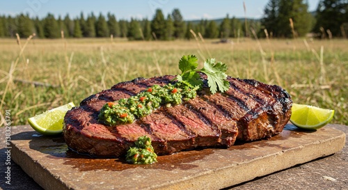 Grilled Beef Steak with Chimichurri and Lime in Outdoor Setting