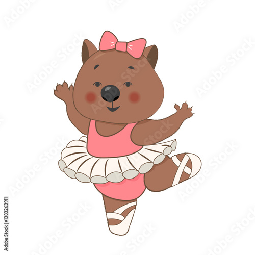 Cute wombat ballerina dancing, cartoon clipart character, animal in flat style. Vector design isolated on white background for print, pattern, greeting card