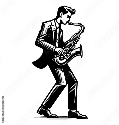 Man in Suit Playing Saxophone with Concentration in Detailed Black and White Illustration