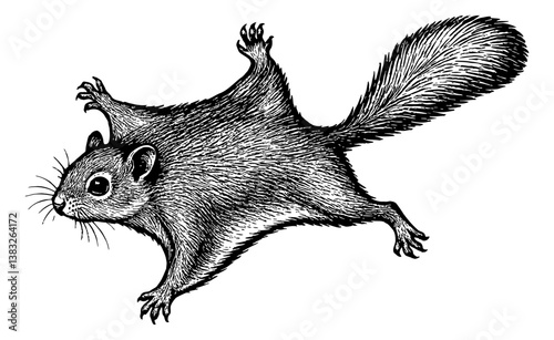 Engraved Illustration of a Flying Squirrel Gliding with Detailed Fur and Tail