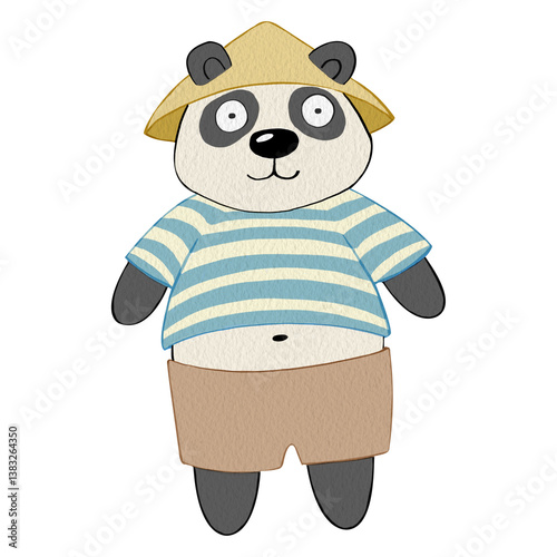 Simple drawing of funny panda. Watercolor illustration of a panda in clothes. For printing postcards, notebooks, dishes, T-shirts. For designing labels of food products, carbonated or alcoholic drinks
