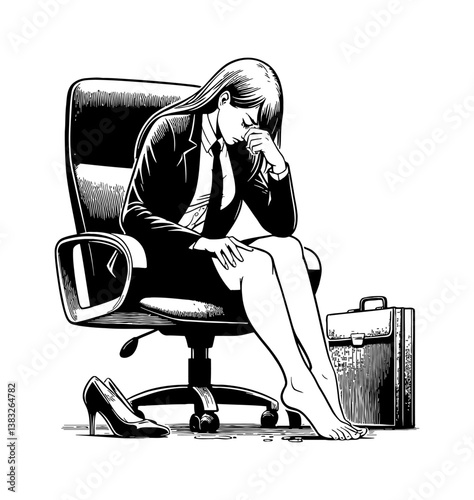 Sad Businesswoman Sitting on Chair With Barefoot in Despair Black and White Illustration