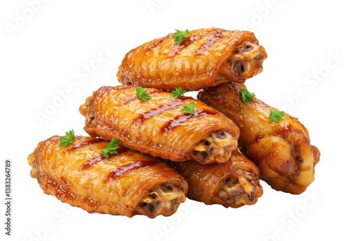 A stack of glazed chicken wings garnished with parsley isolated on transparent background
