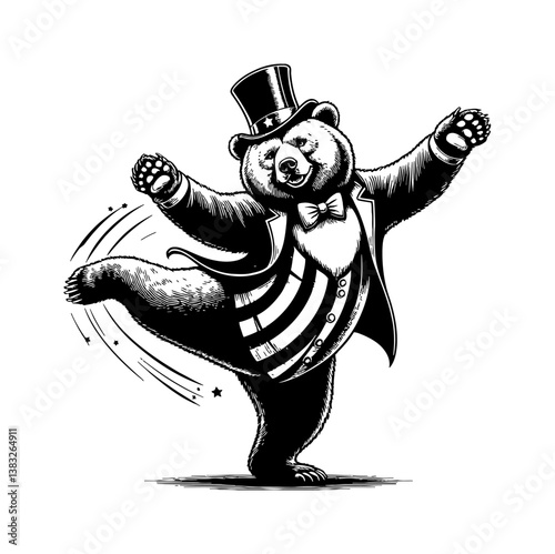 Bear Dancing Wearing Suit and Hat Isolated on White Background Black and White Engraving Style