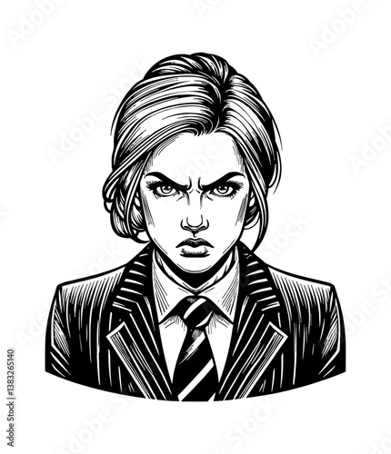 Angry Businesswoman in Striped Suit with Stern Expression Vector Illustration
