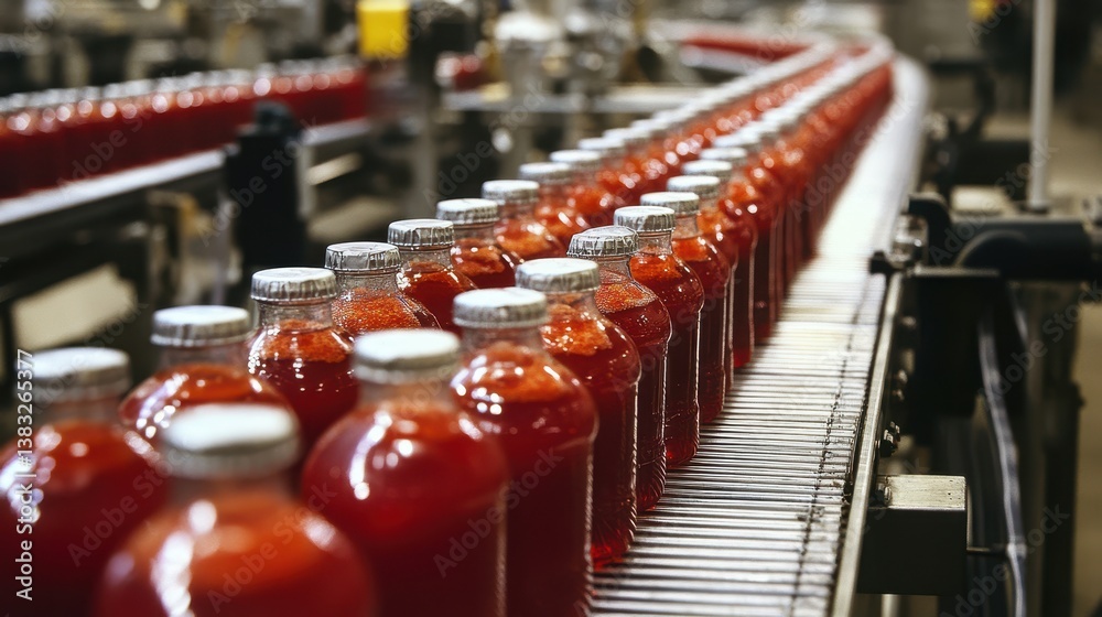 Fototapeta premium Juice drinks moving along a production factory conveyor highlight the streamlined process of beverage manufacturing.